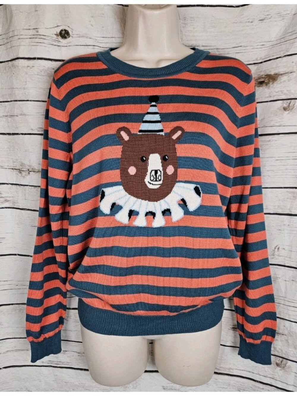 Modcloth Striped Birthday Bear Clown Sweater L Cotton Blend Womens